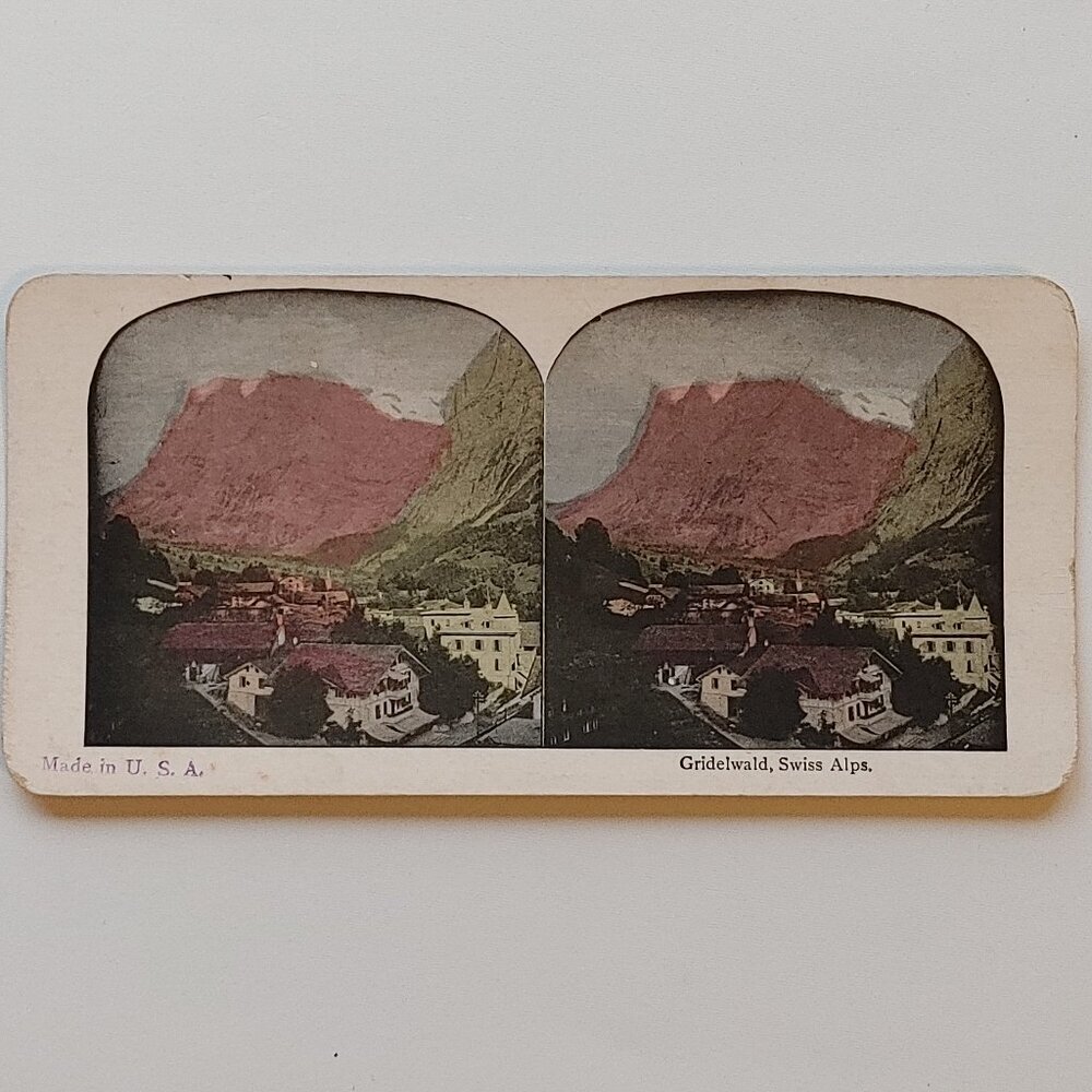 ANTIQUE Stereograph Card Grindelwald Swiss Alps Full Colour Card